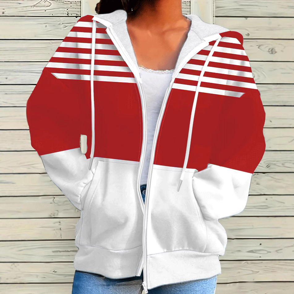 Striped Contrast Color Zipper Hooded Sweater