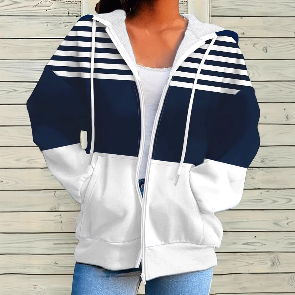 Striped Contrast Color Zipper Hooded Sweater