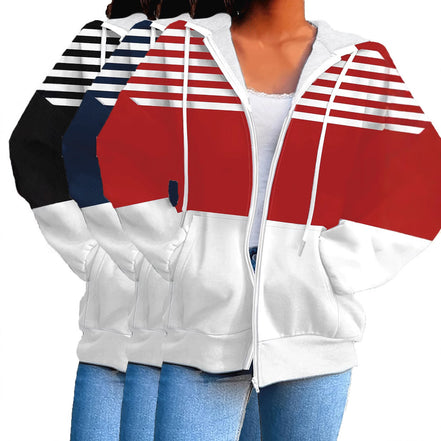 Striped Contrast Color Zipper Hooded Sweater