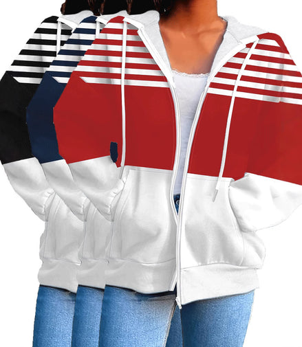 Striped Contrast Color Zipper Hooded Sweater