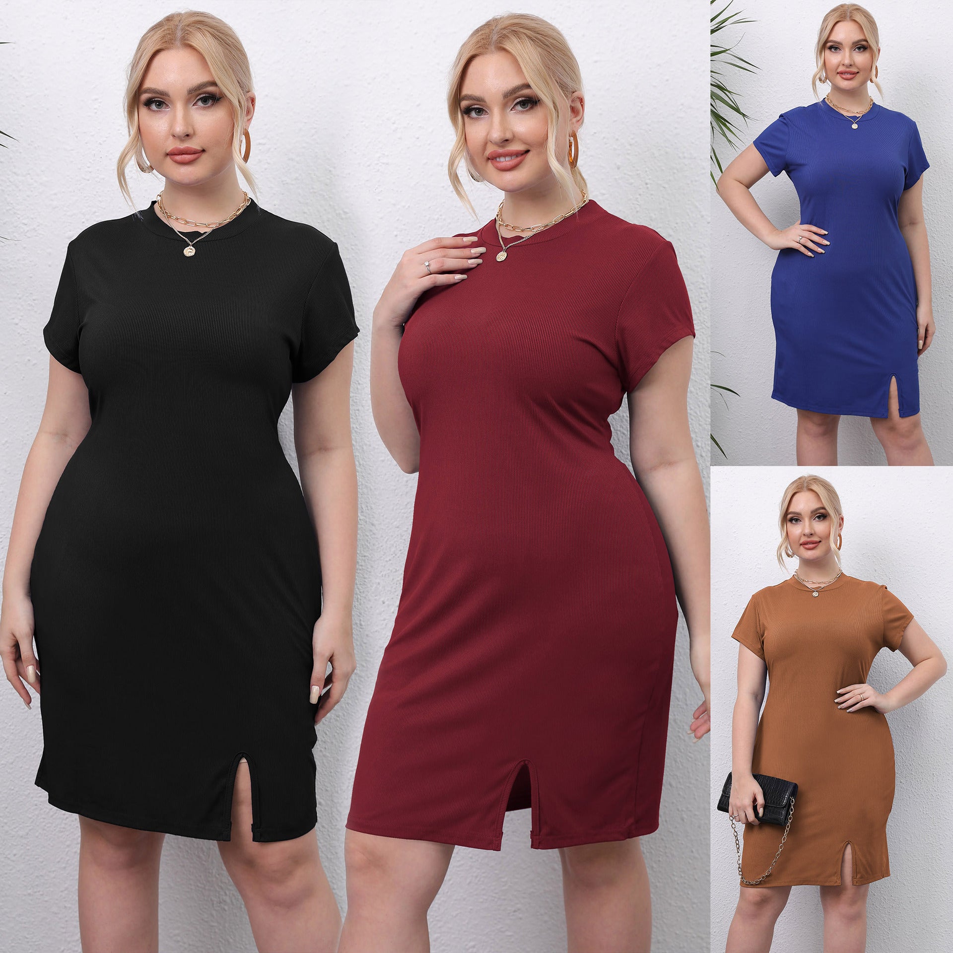 Round Neck Short Sleeves Slim Fit Dress