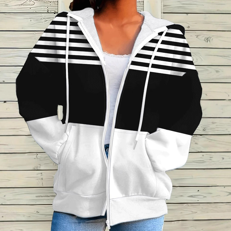 Striped Contrast Color Zipper Hooded Sweater