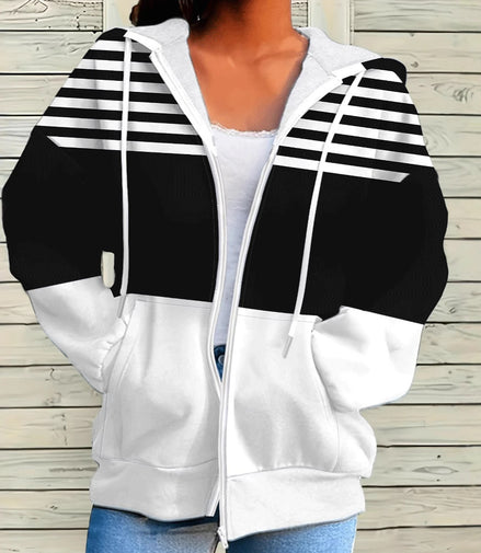 Striped Contrast Color Zipper Hooded Sweater